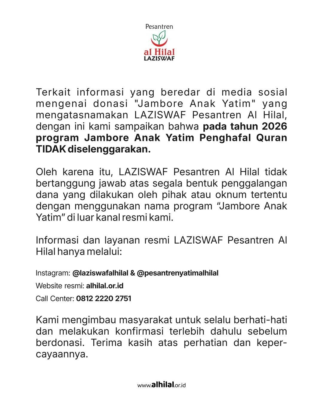 Klarifikasi Resmi: Waspada Akun dan Media Sosial Palsu Mengatasnamakan Laziswaf Pesantren Al-Hilal