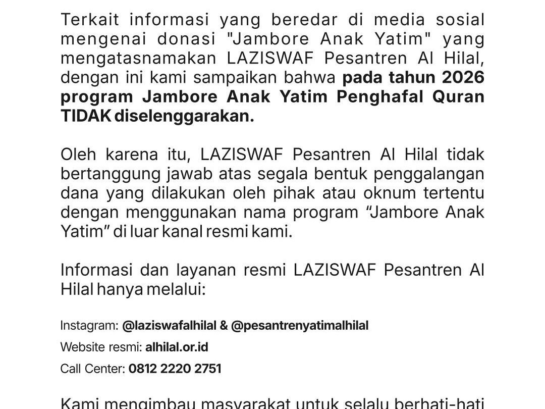 Klarifikasi Resmi: Waspada Akun dan Media Sosial Palsu Mengatasnamakan Laziswaf Pesantren Al-Hilal