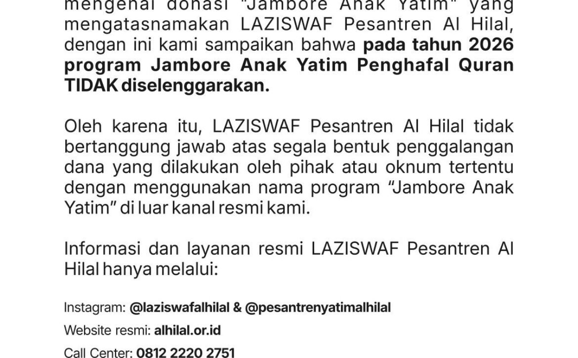 Klarifikasi Resmi: Waspada Akun dan Media Sosial Palsu Mengatasnamakan Laziswaf Pesantren Al-Hilal