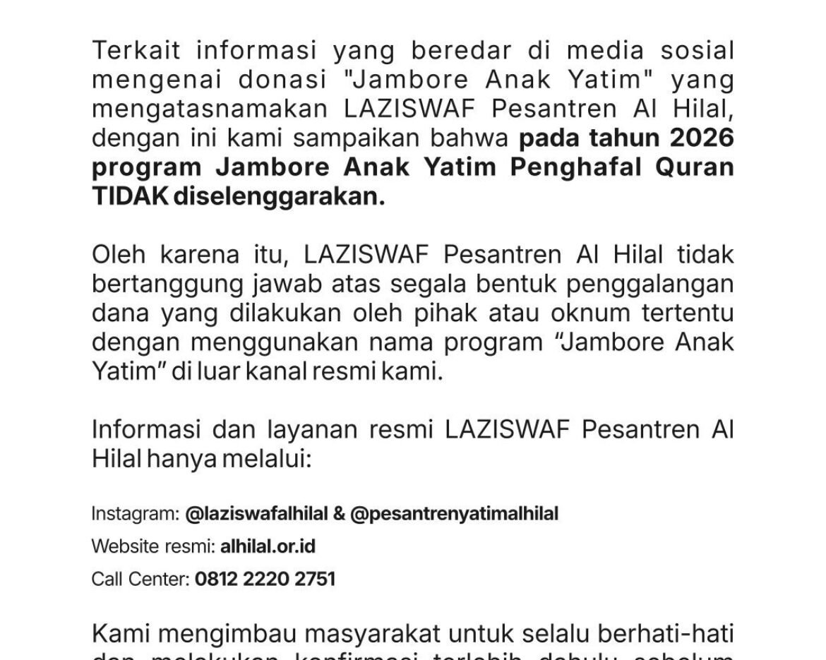 Klarifikasi Resmi: Waspada Akun dan Media Sosial Palsu Mengatasnamakan Laziswaf Pesantren Al-Hilal