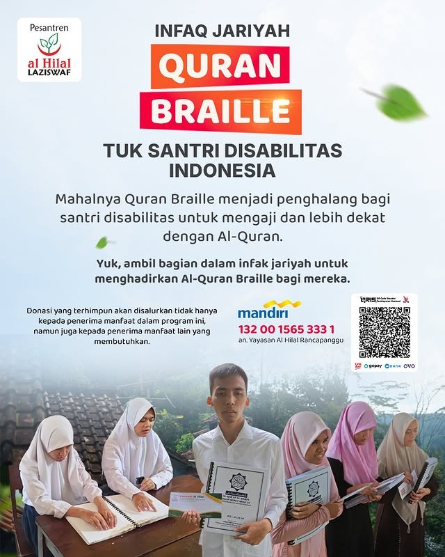 Sedekah Quran Braille Tuk Santri Disabilitas Indonesia di Lembaga Amil Zakat Bandung Al Hilal