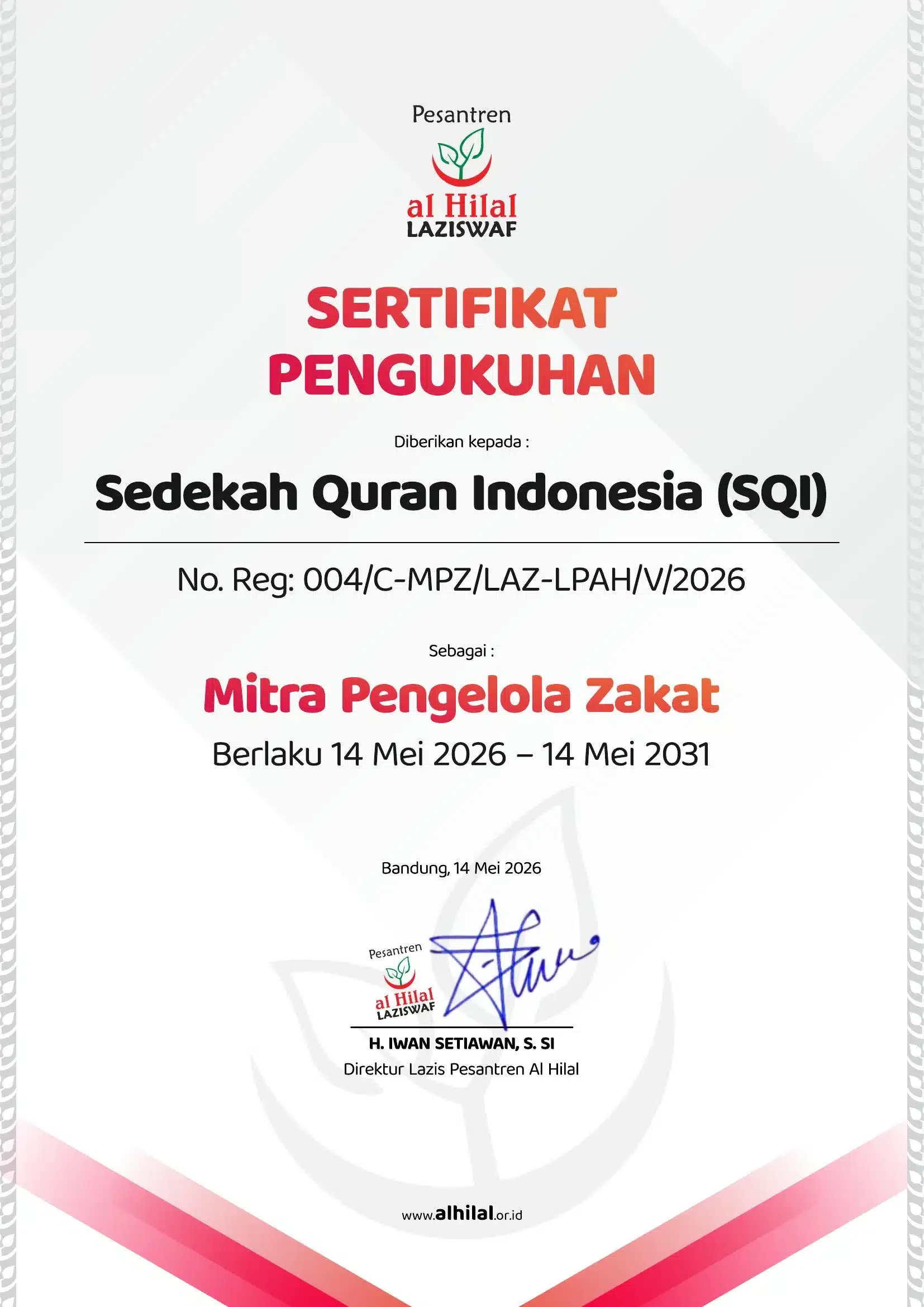 Buka Lebih Banyak Pintu Jariyah, LAZISWAF Pesantren Al Hilal Gandeng Sedekah Quran Indonesia (SQI) sebagai Mitra Pengelola Zakat