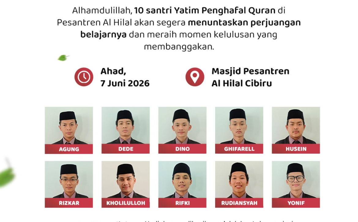 Mari Hadirkan Hadiah Kelulusan Bagi 10 Santri Yatim Penghafal Al-Qur'an Pesantren Al Hilal yang Akan Segera Menyelesaikan Pendidikannya
