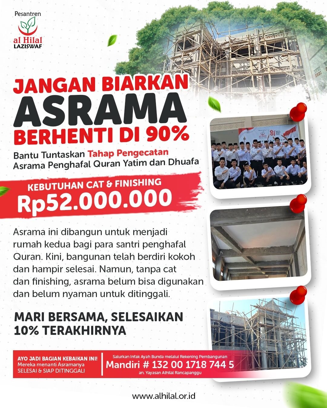 Sedekah Pembangunan Asrama Yatim Al Hilal, Bantu Selesaikan 10%